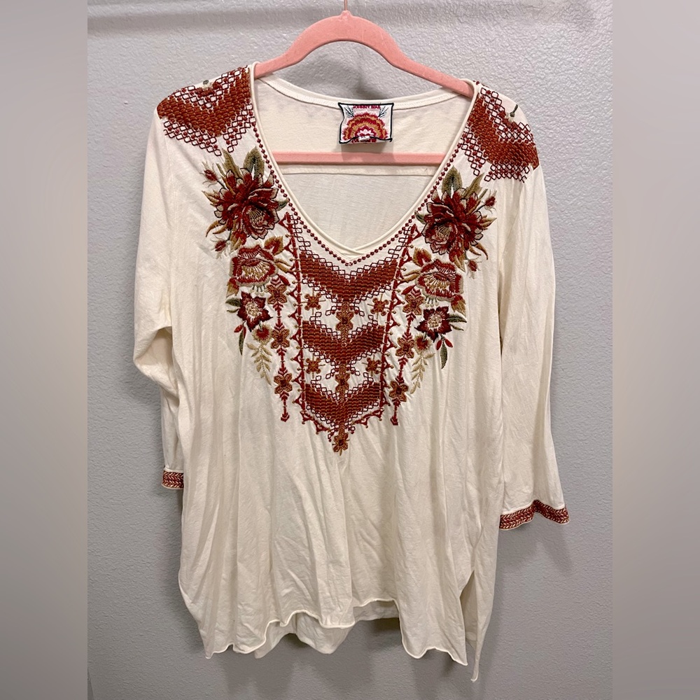 Johnny Was 3/4 Scoop Neck Cotton Blouse with Embroidery *PLEASE READ*